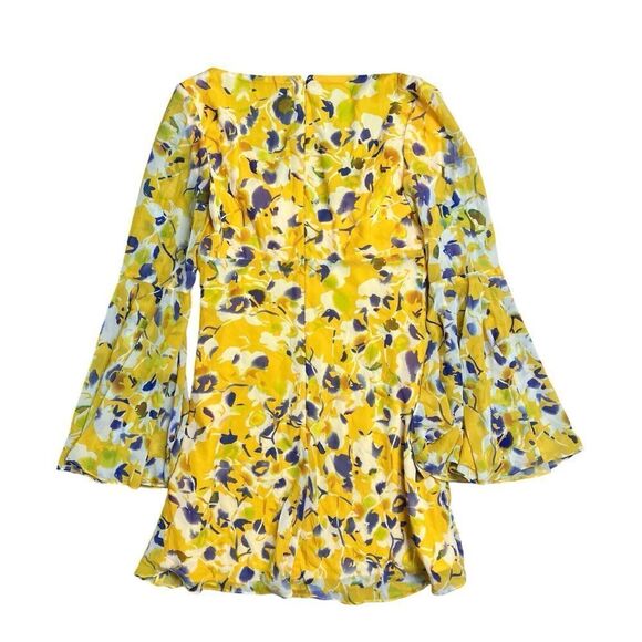 Ieena Mac Duggal Dress Womens 2 Yellow Floral  Mini Bell Sleeves Flowy Dainty - Picture 9 of 12